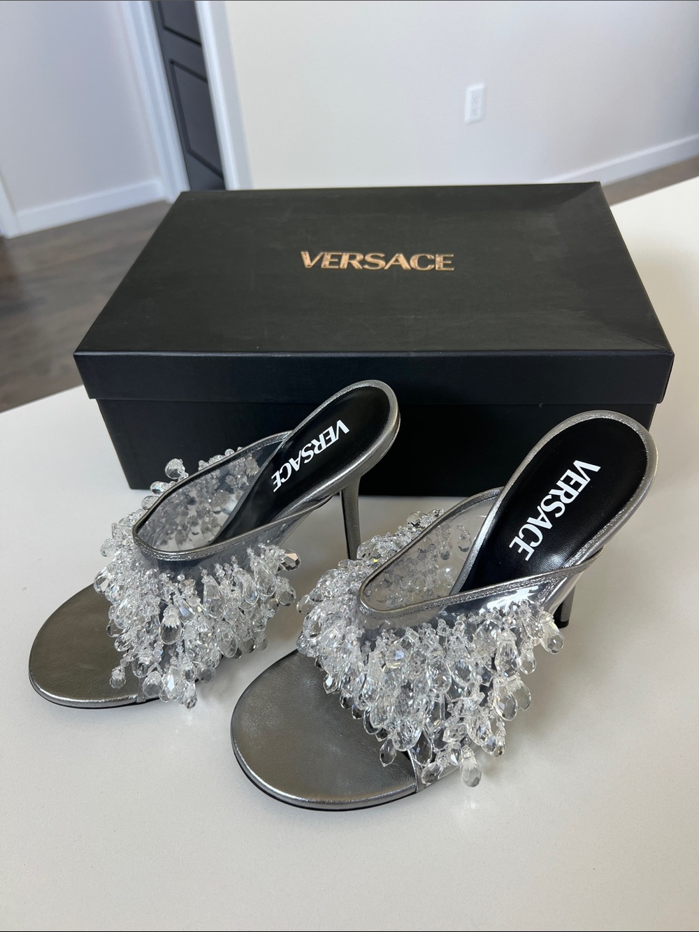 Versace crystal embellished chandelier metallic silver mules open toe heels 37.5